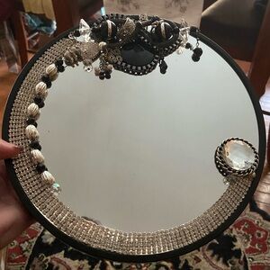 Upcycled, Hand-decorated 10 Inch Mirror. Decorated With Fashion Jewelry.